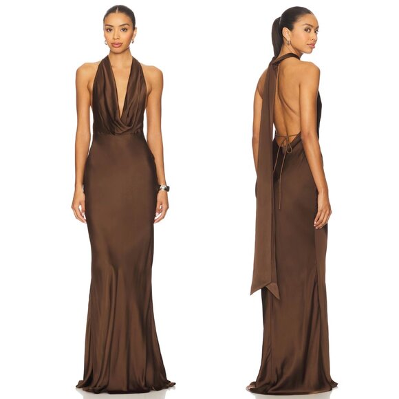 NEW SAU LEE Pearl Gown in Mocha Brown Satin Formal Halter Maxi Dress 6 Medium - Picture 1 of 2